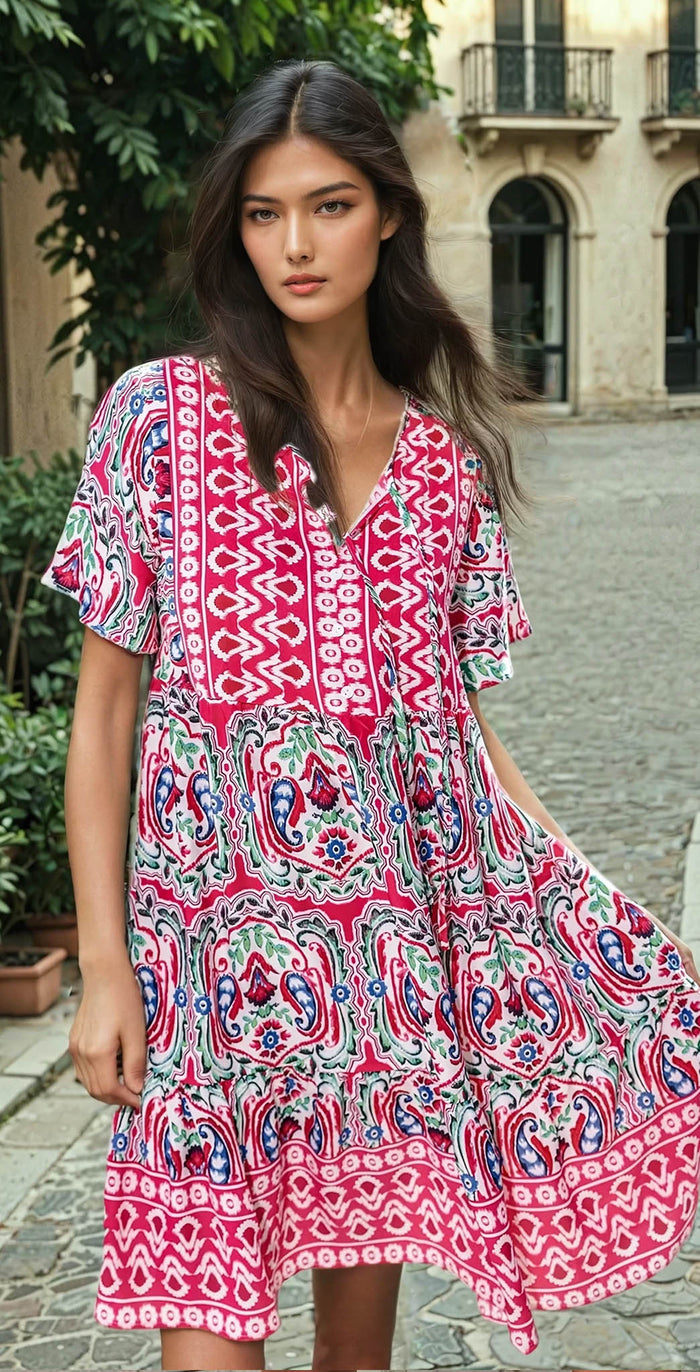 Robe courte rose imprimé bohème *