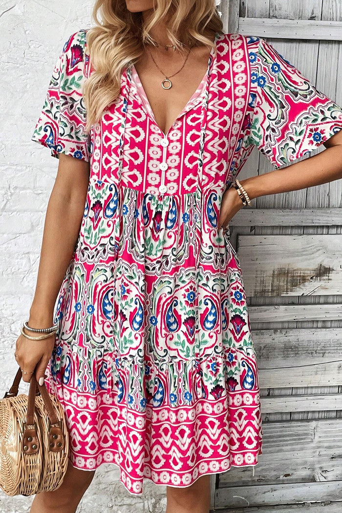 Robe courte rose imprimé bohème *