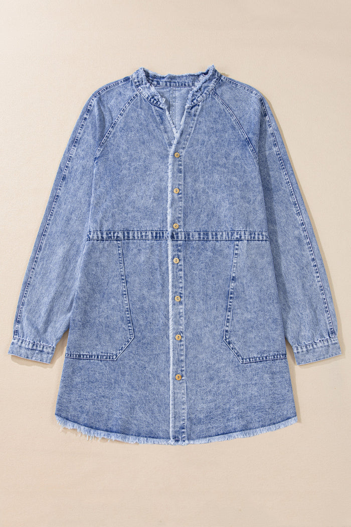Robe en jean à manches longues boutonnée et ourlet brut avec poches Beau Blue