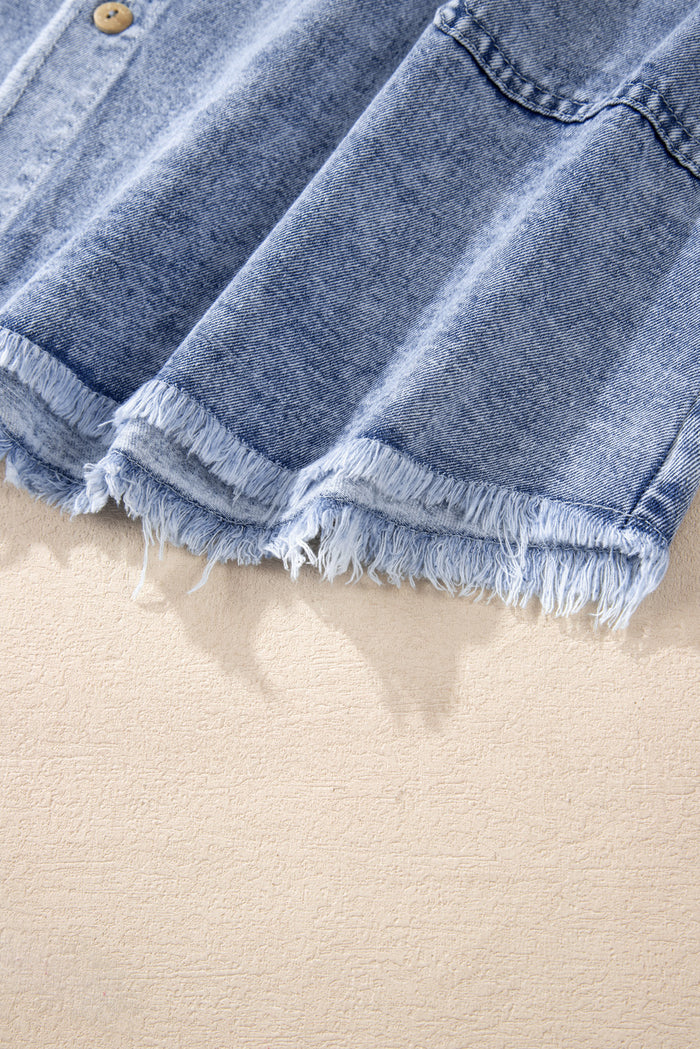 Robe en jean à manches longues boutonnée et ourlet brut avec poches Beau Blue