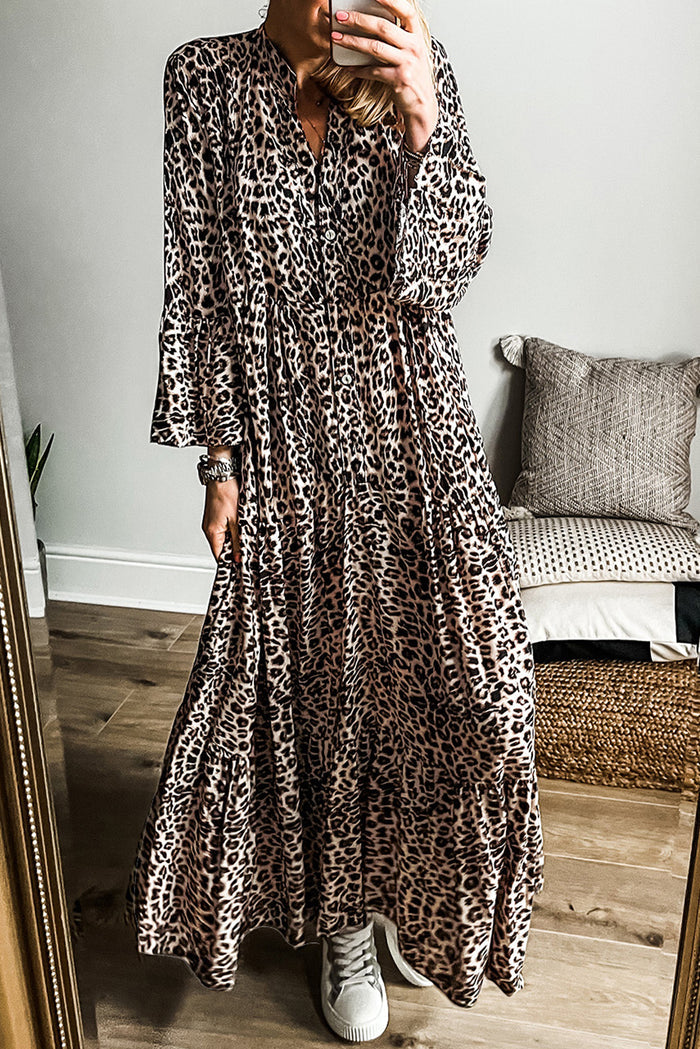 Robe longue à manches larges et imprimé léopard abricot