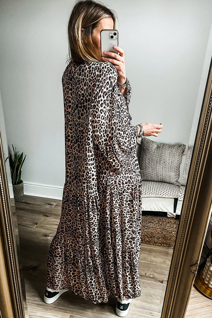 Robe longue à manches larges et imprimé léopard abricot