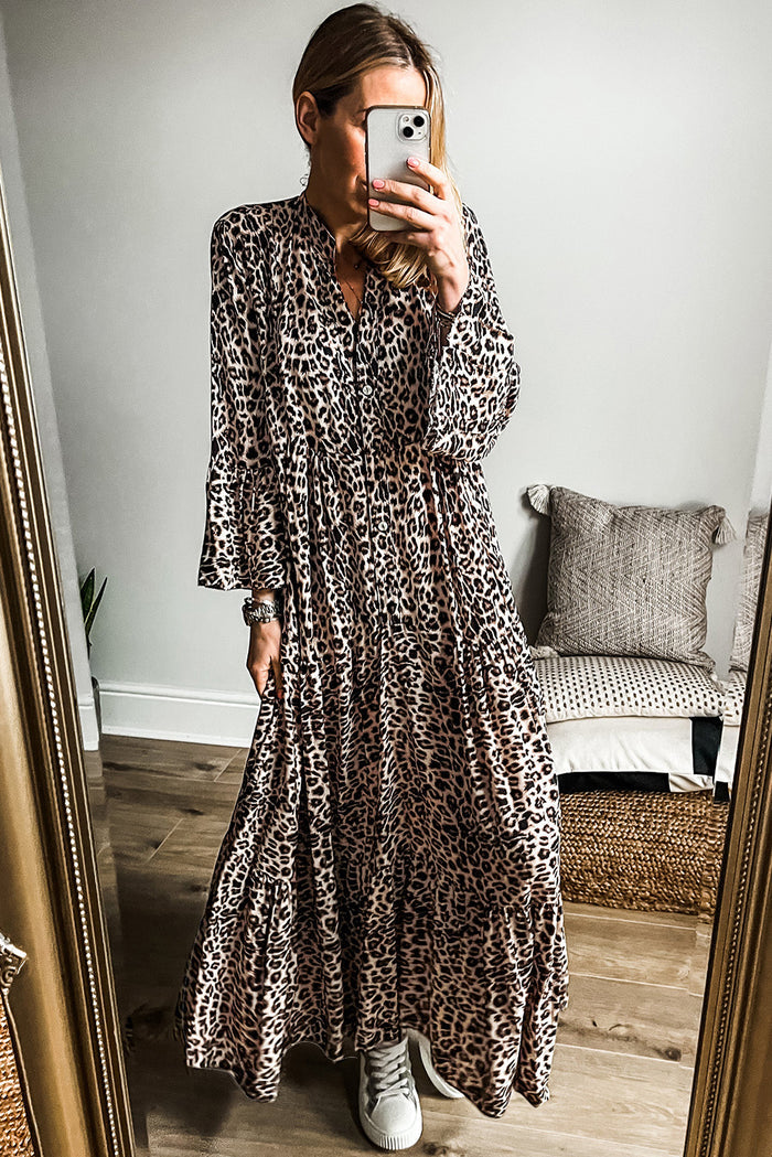 Robe longue à manches larges et imprimé léopard abricot