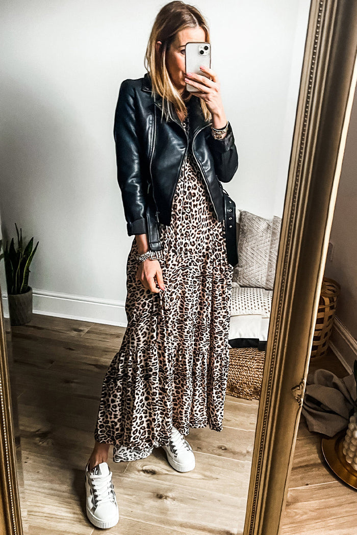 Robe longue à manches larges et imprimé léopard abricot