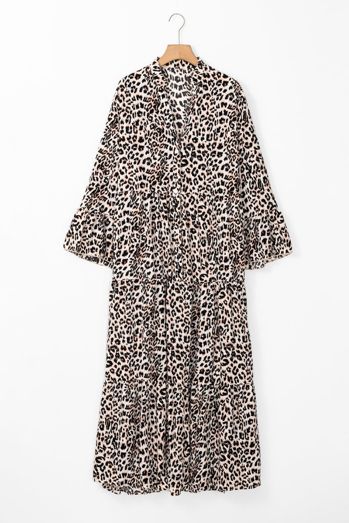 Robe longue à manches larges et imprimé léopard abricot