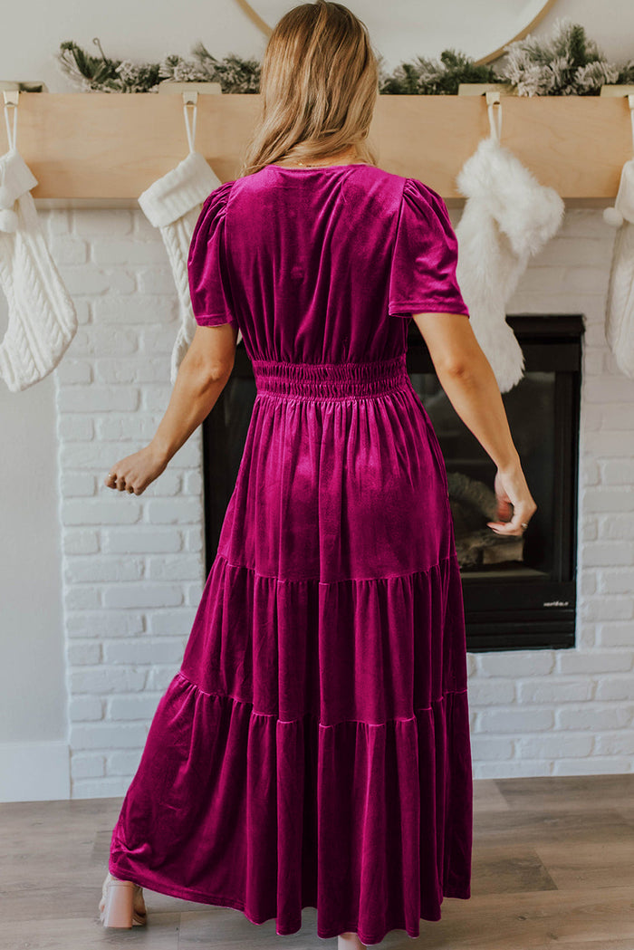 Robe longue en velours Dahlia rouge à manches courtes et taille froncée à plusieurs niveaux