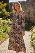 Robe longue noire à imprimé floral et col en V, taille haute