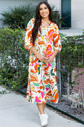 Robe longue orange à imprimé floral fendue à col en V et à plusieurs niveaux