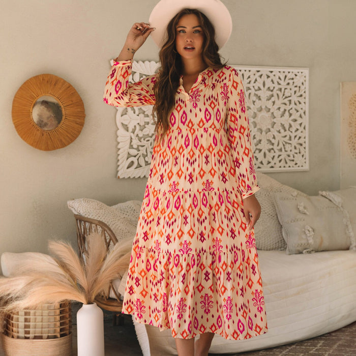 Robe longue orange à imprimé géométrique abstrait western