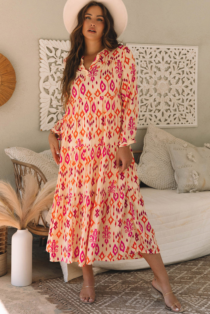 Robe longue orange à imprimé géométrique abstrait western