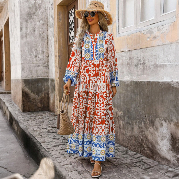 Robe longue orange à manches longues et imprimé géométrique Boho