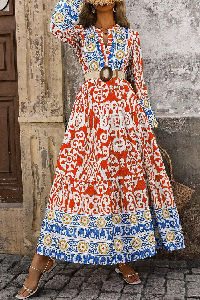 Robe longue orange à manches longues et imprimé géométrique Boho