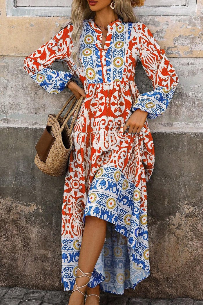 Robe longue orange à manches longues et imprimé géométrique Boho
