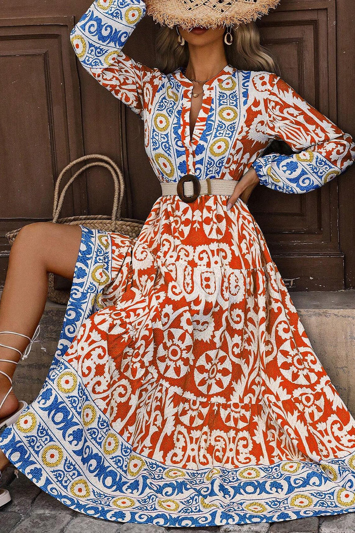 Robe longue orange à manches longues et imprimé géométrique Boho