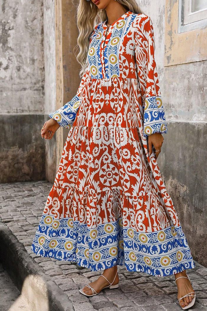 Robe longue orange à manches longues et imprimé géométrique Boho