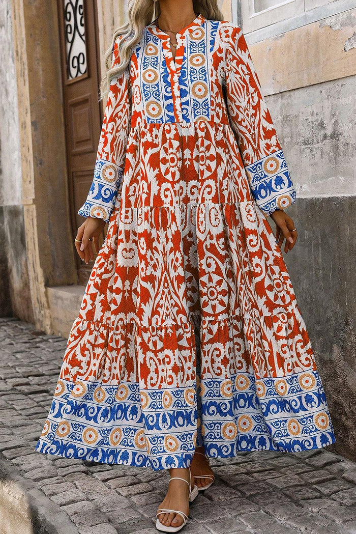 Robe longue orange à manches longues et imprimé géométrique Boho