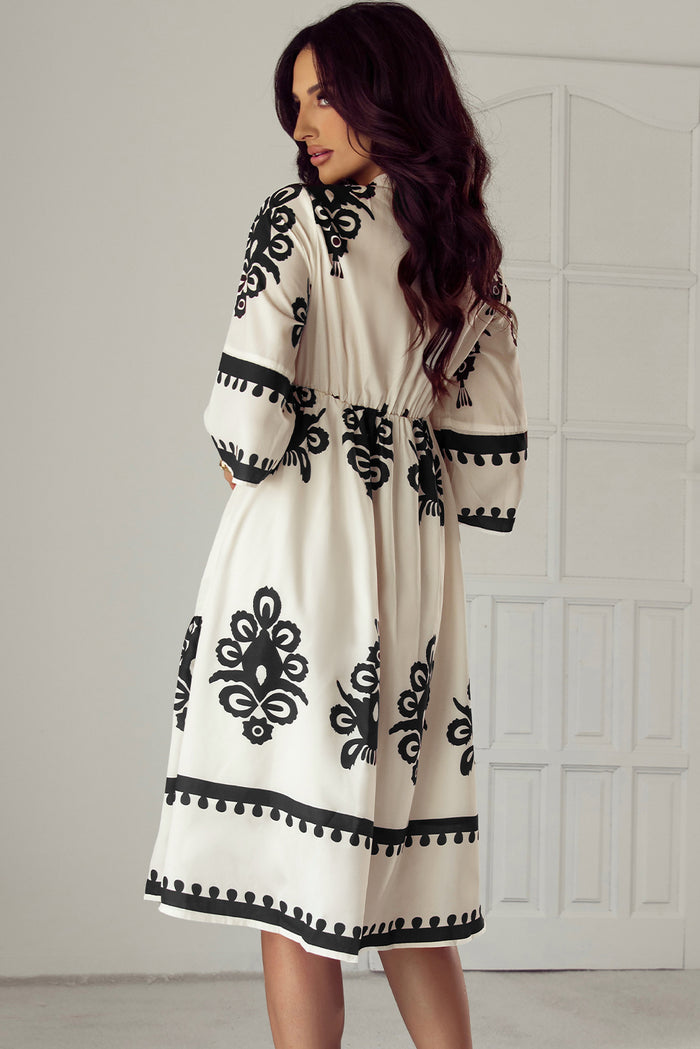 Robe midi ample beige à imprimé géométrique occidental et manches 3/4