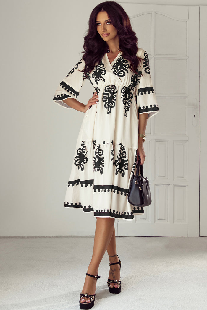 Robe midi ample beige à imprimé géométrique occidental et manches 3/4