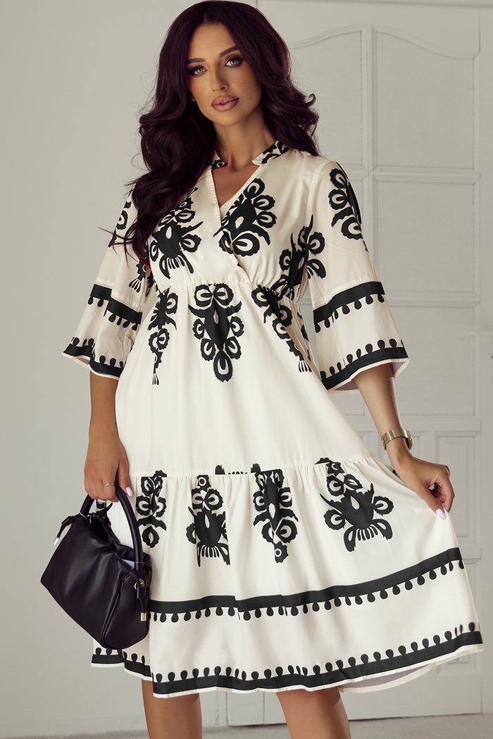 Robe midi ample beige à imprimé géométrique occidental et manches 3/4