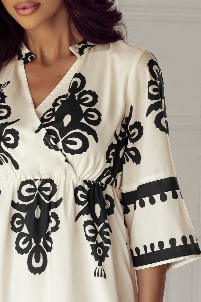 Robe midi ample beige à imprimé géométrique occidental et manches 3/4