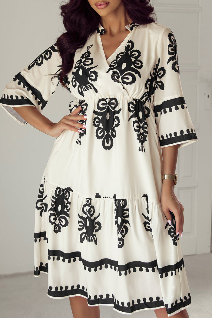 Robe midi ample beige à imprimé géométrique occidental et manches 3/4