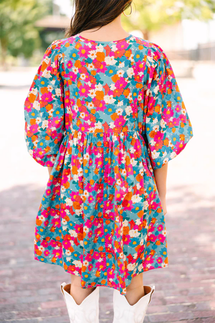 Robe nuisette bleu ciel à imprimé floral, col fendu, manches bulles
