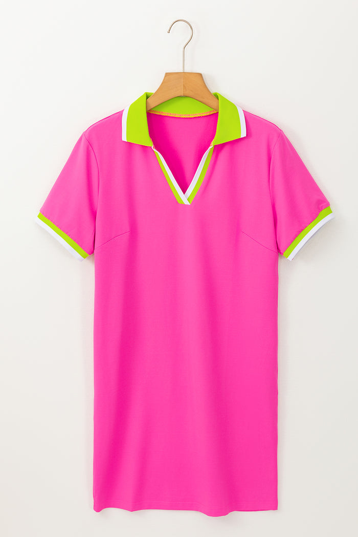 Robe T-shirt à col en V et bordure contrastée rouge rose