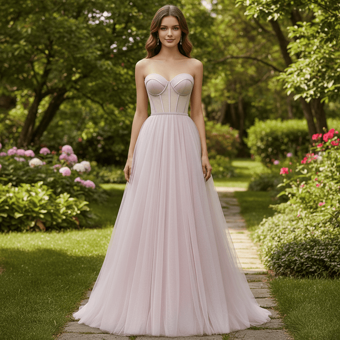 Romantic Light Pink Exposed Boning A-Line Prom Dress with Sweetheart Corset - Rosymae