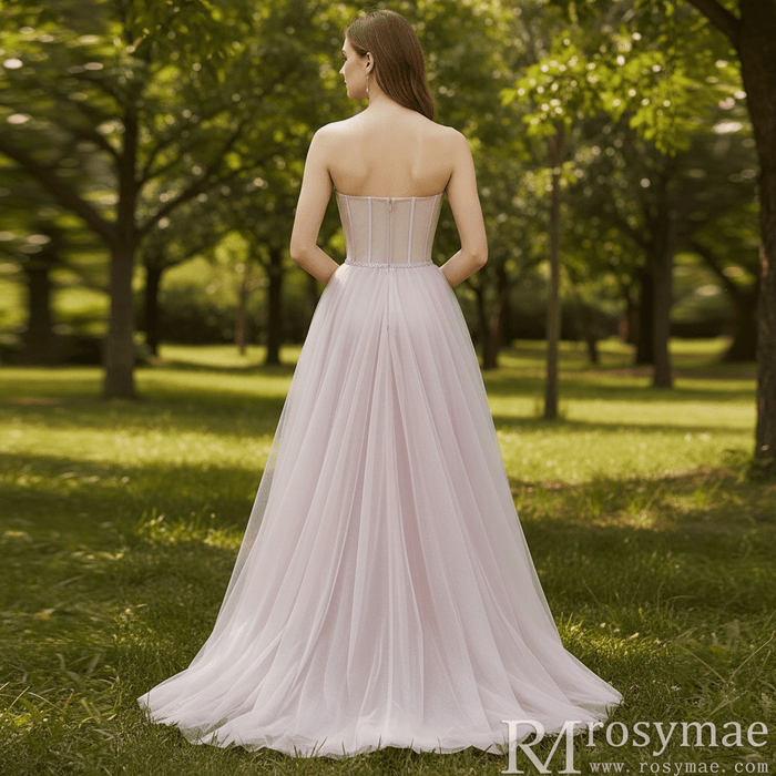 Romantic Light Pink Exposed Boning A-Line Prom Dress with Sweetheart Corset - Rosymae