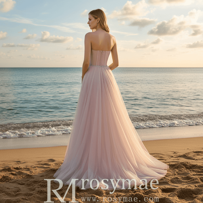 Romantic Light Pink Exposed Boning A-Line Prom Dress with Sweetheart Corset - Rosymae
