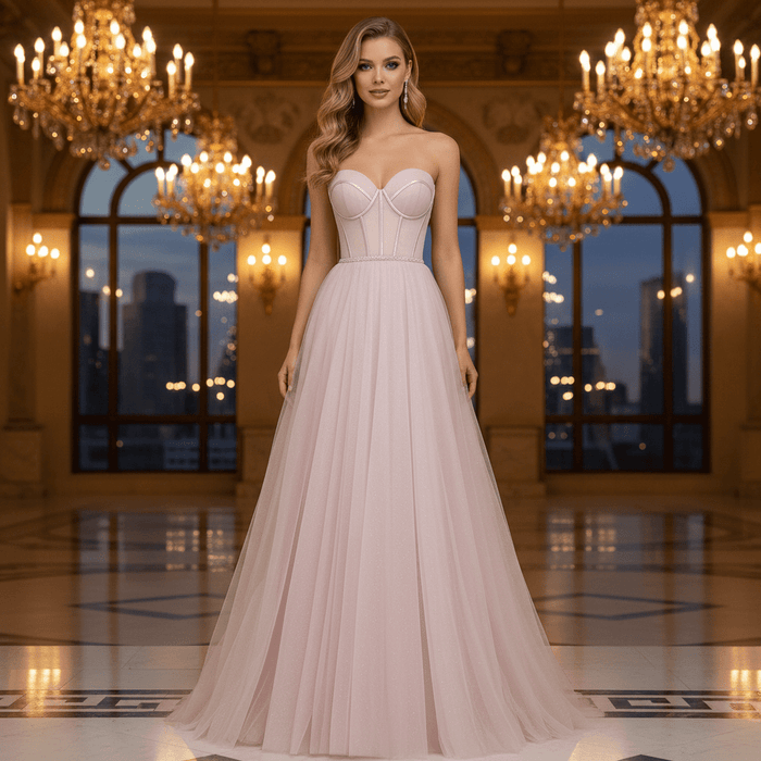 Romantic Light Pink Exposed Boning A-Line Prom Dress with Sweetheart Corset - Rosymae