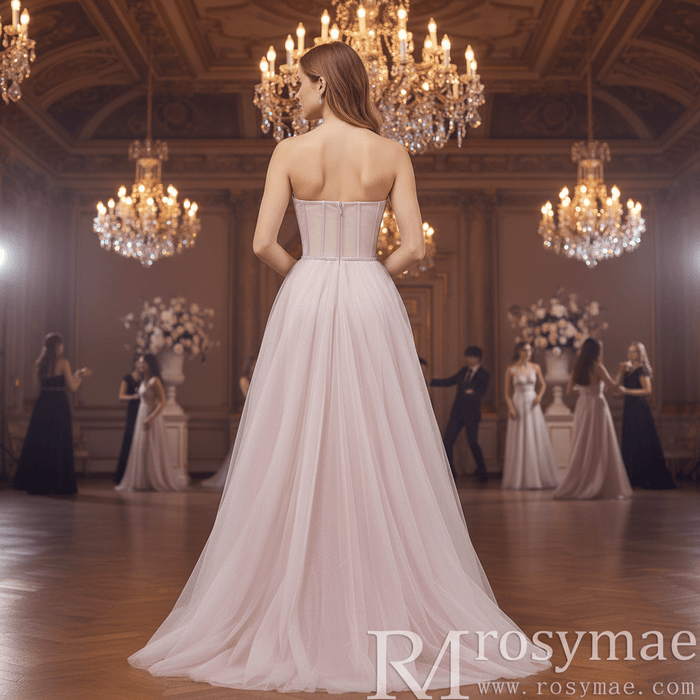 Romantic Light Pink Exposed Boning A-Line Prom Dress with Sweetheart Corset - Rosymae