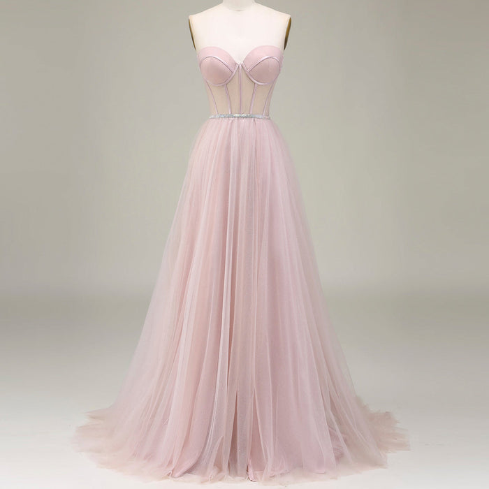 Romantic Light Pink Exposed Boning A-Line Prom Dress with Sweetheart Corset - Rosymae