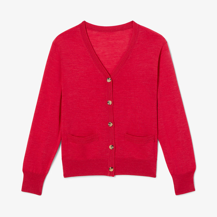 Red cardigan with gold buttons on a white background