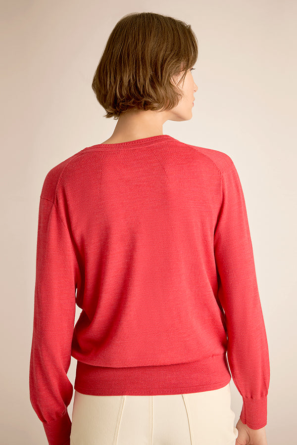 Person wearing a red sweater against a beige background | Exclude | Grid Hover