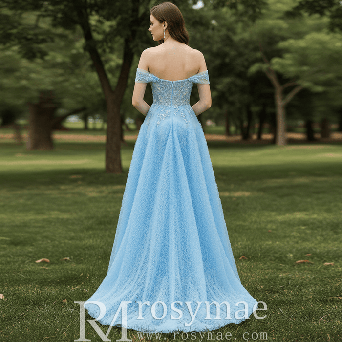 Ruffle Regal Light Blue Prom Dress Off Shoulder Evening Gown with Leg Slit - Rosymae