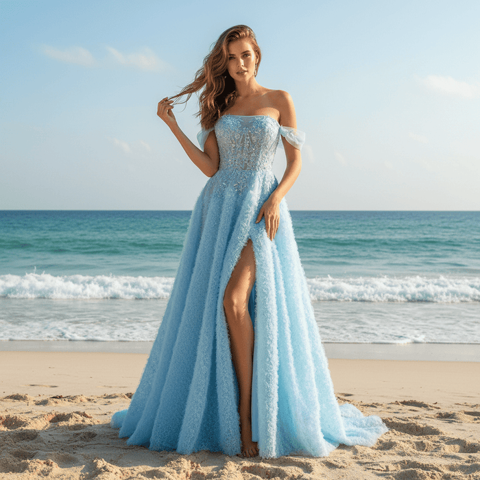 Ruffle Regal Light Blue Prom Dress Off Shoulder Evening Gown with Leg Slit - Rosymae