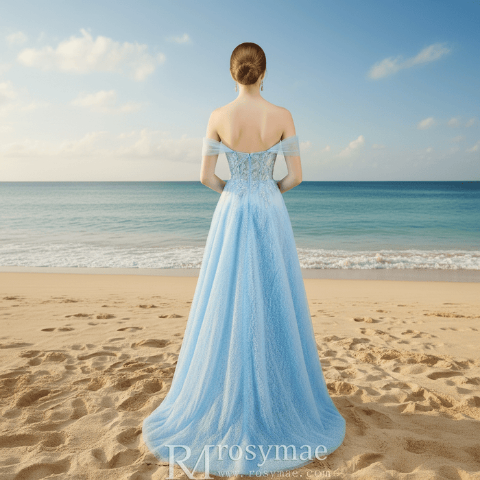 Ruffle Regal Light Blue Prom Dress Off Shoulder Evening Gown with Leg Slit - Rosymae