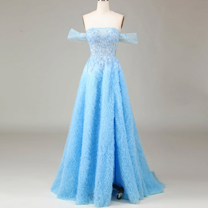 Ruffle Regal Light Blue Prom Dress Off Shoulder Evening Gown with Leg Slit - Rosymae