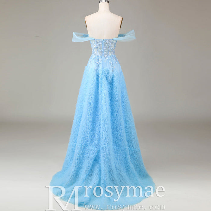 Ruffle Regal Light Blue Prom Dress Off Shoulder Evening Gown with Leg Slit - Rosymae