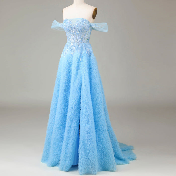 Ruffle Regal Light Blue Prom Dress Off Shoulder Evening Gown with Leg Slit - Rosymae