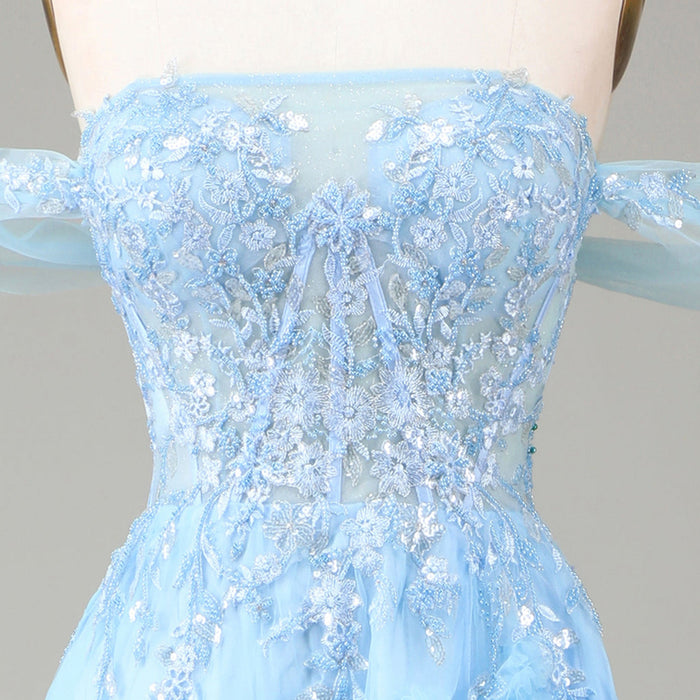 Ruffle Regal Light Blue Prom Dress Off Shoulder Evening Gown with Leg Slit - Rosymae