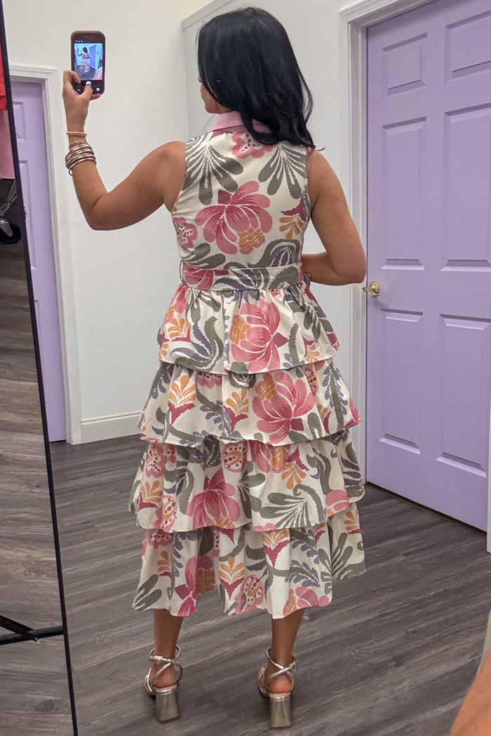 cream with multicolor floral print ruffle tiered flowy skirt midi dress