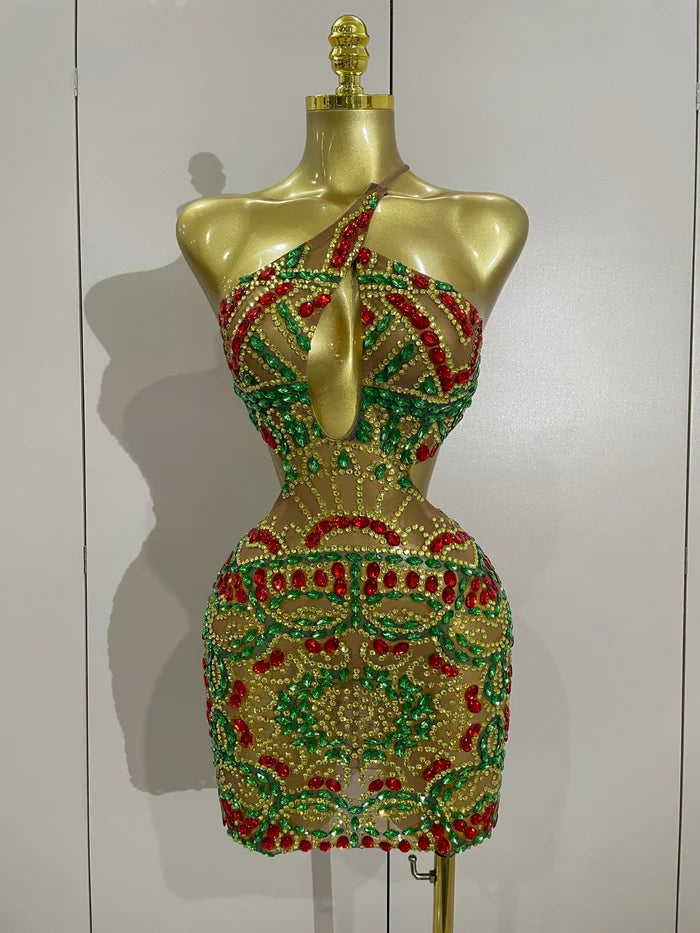 Luxury color rhinestone mesh mini dress with sparkling crystals for birthday, DJ, or club wear.