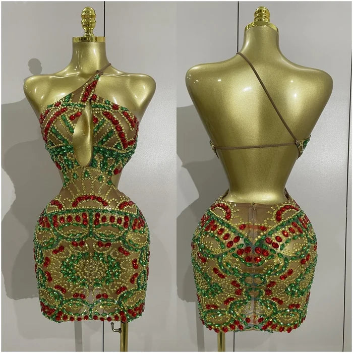 Luxury color rhinestone mesh mini dress with sparkling crystals for birthday, DJ, or club wear.
