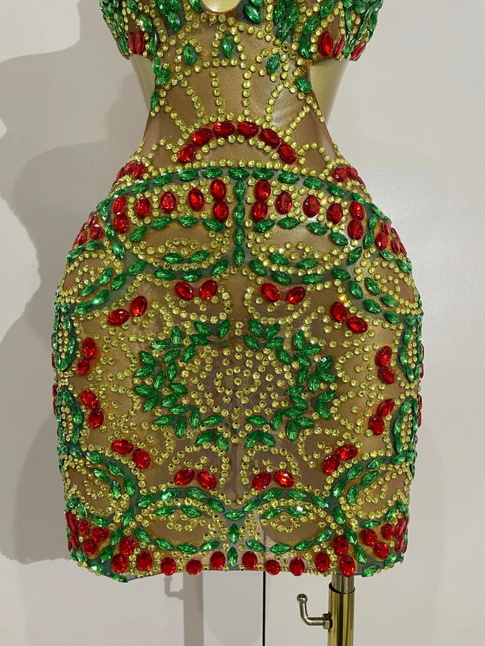 Luxury color rhinestone mesh mini dress with sparkling crystals for birthday, DJ, or club wear.