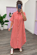 red and cream striped button front short sleeve rounded hem midi dress