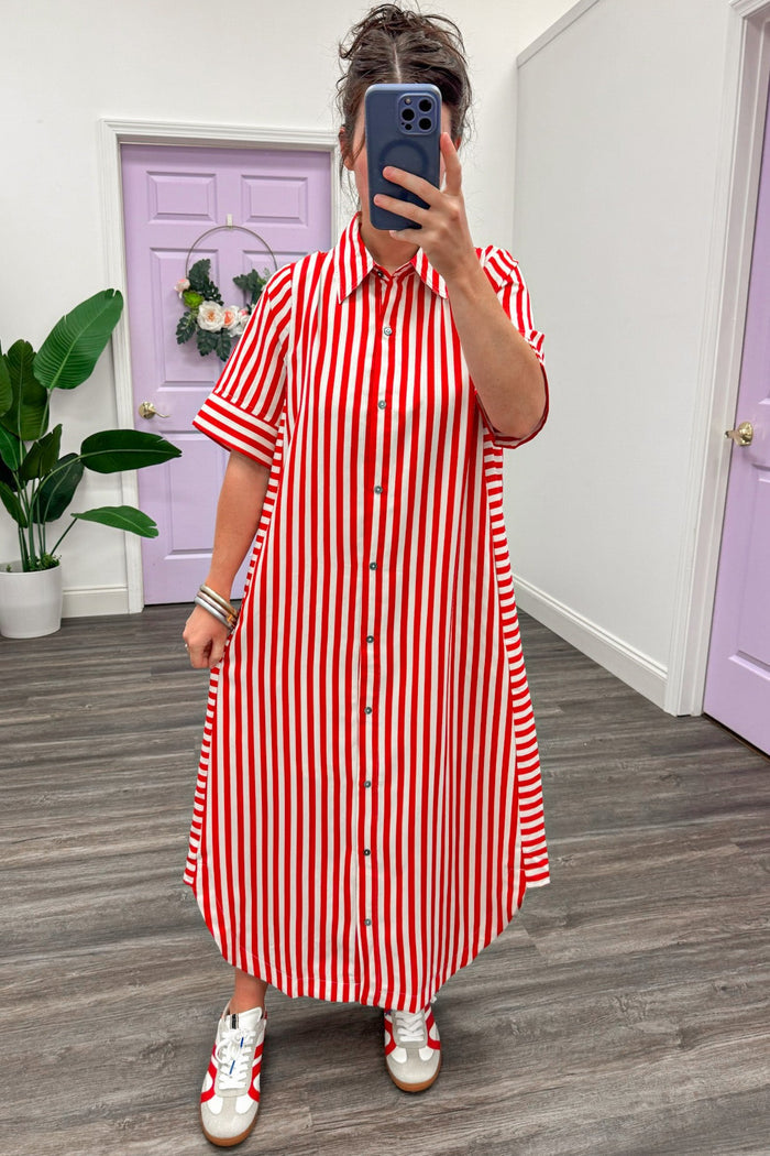 red and cream striped button front short sleeve rounded hem relaxed silhouette midi dress