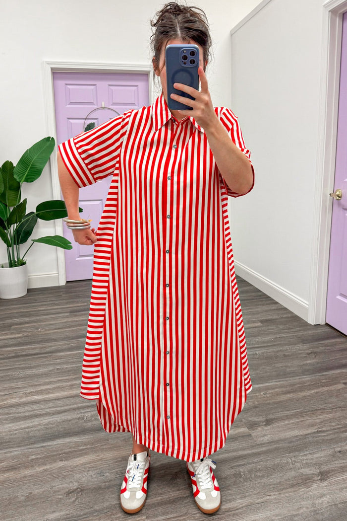 red and cream striped button front short sleeve rounded bottom hem midi dress