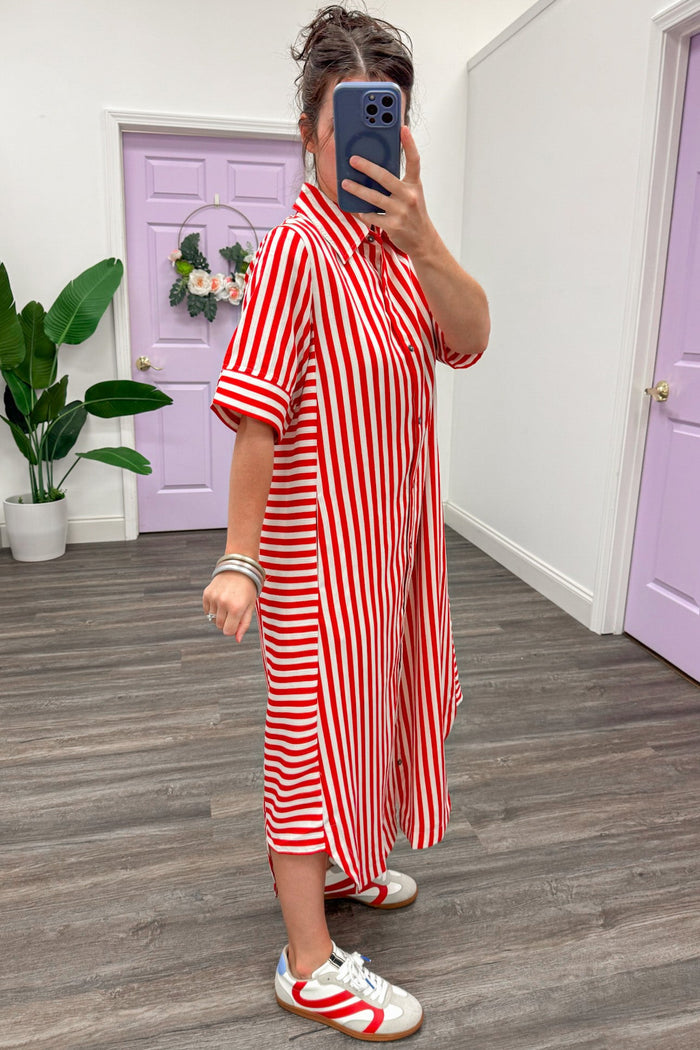 red and cream striped button front cuffed short sleeve rounded hem midi dress